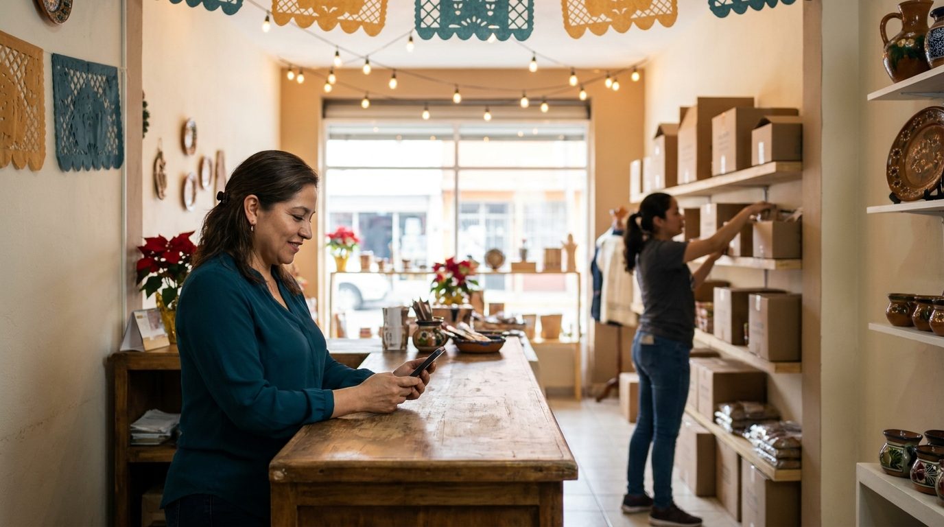 Dueña de un negocio revisa su celular mientras su equipo surte los anaqueles para la temporada decembrina
